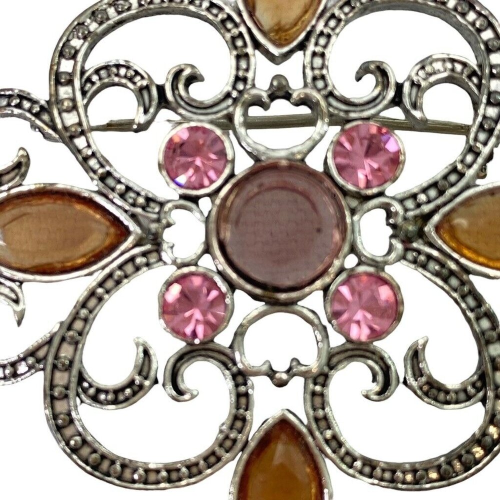 Brooch Pin Fashion Jewelry Rhinestones Amber Pink Silver Tone - Picture 8 of 9